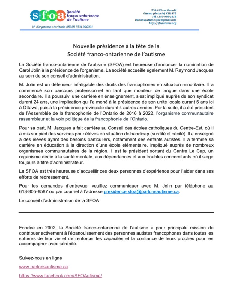 Inès Rebei (@rebeline3) on Twitter photo NOUVEAU: La Société franco-ontarienne de l'autisme annonce la nomination de son nouveau président <a href="/CarolJolin/">Carol Jolin</a>, l’ex-président de <a href="/MonAssemblee/">Mon Assemblée</a>. L’organisme tente une relance au milieu de lourdes difficultés financières ayant mené à une fermeture en septembre dernier. #onfr NOUVEAU: La Société franco-ontarienne de l'autisme annonce la nomination de son nouveau président <a href="/CarolJolin/">Carol Jolin</a>, l’ex-président de <a href="/MonAssemblee/">Mon Assemblée</a>. L’organisme tente une relance au milieu de lourdes difficultés financières ayant mené à une fermeture en septembre dernier. #onfr