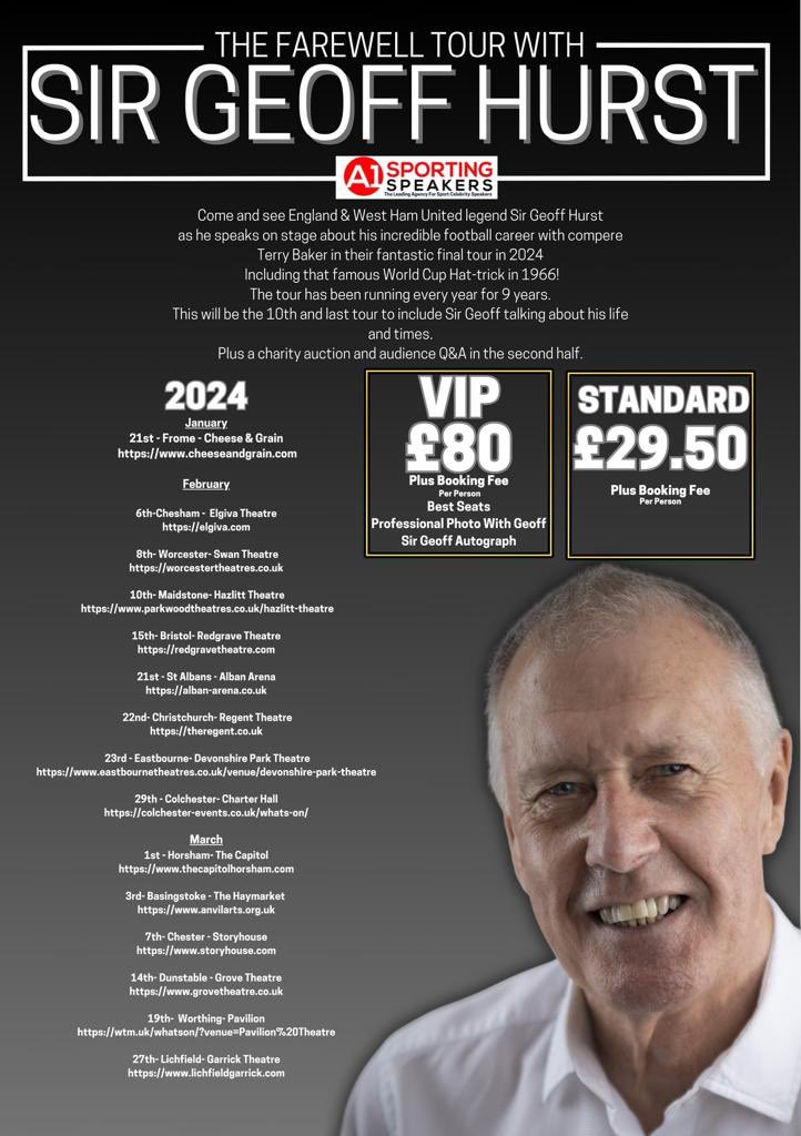 Three shows left on this leg of my farewell tour. There’s around 15 in the autumn and the same again early next year then Terry Baker from my agent @a1sportingspeak (152 years old between us) & I may have had enough after 200+ shows #WestHamUnited #england66