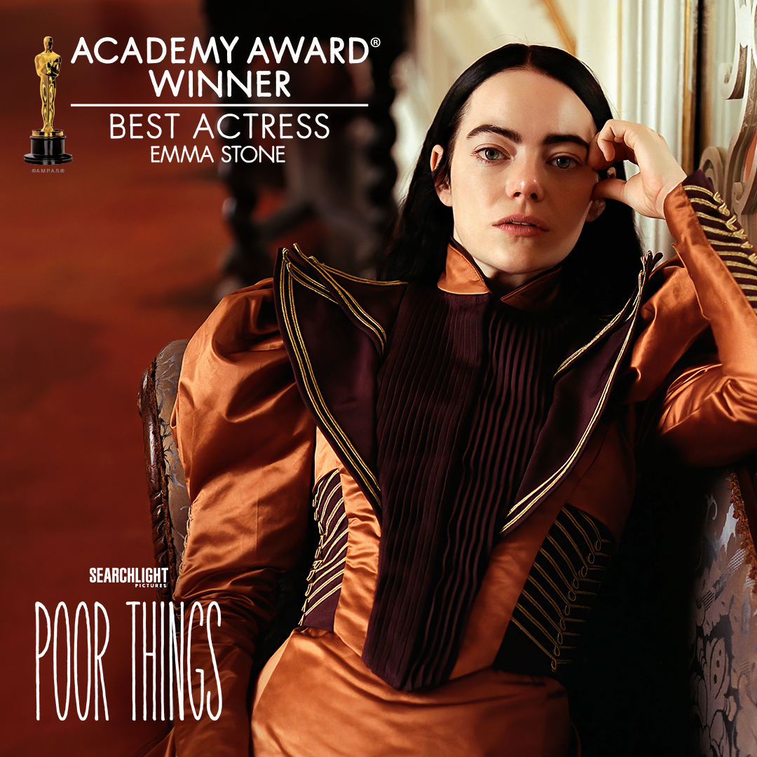 Emma Stone has won BEST ACTRESS for POOR THINGS at the 96th Academy Awards! #PoorThingsFilm @TheAcademy #Oscars