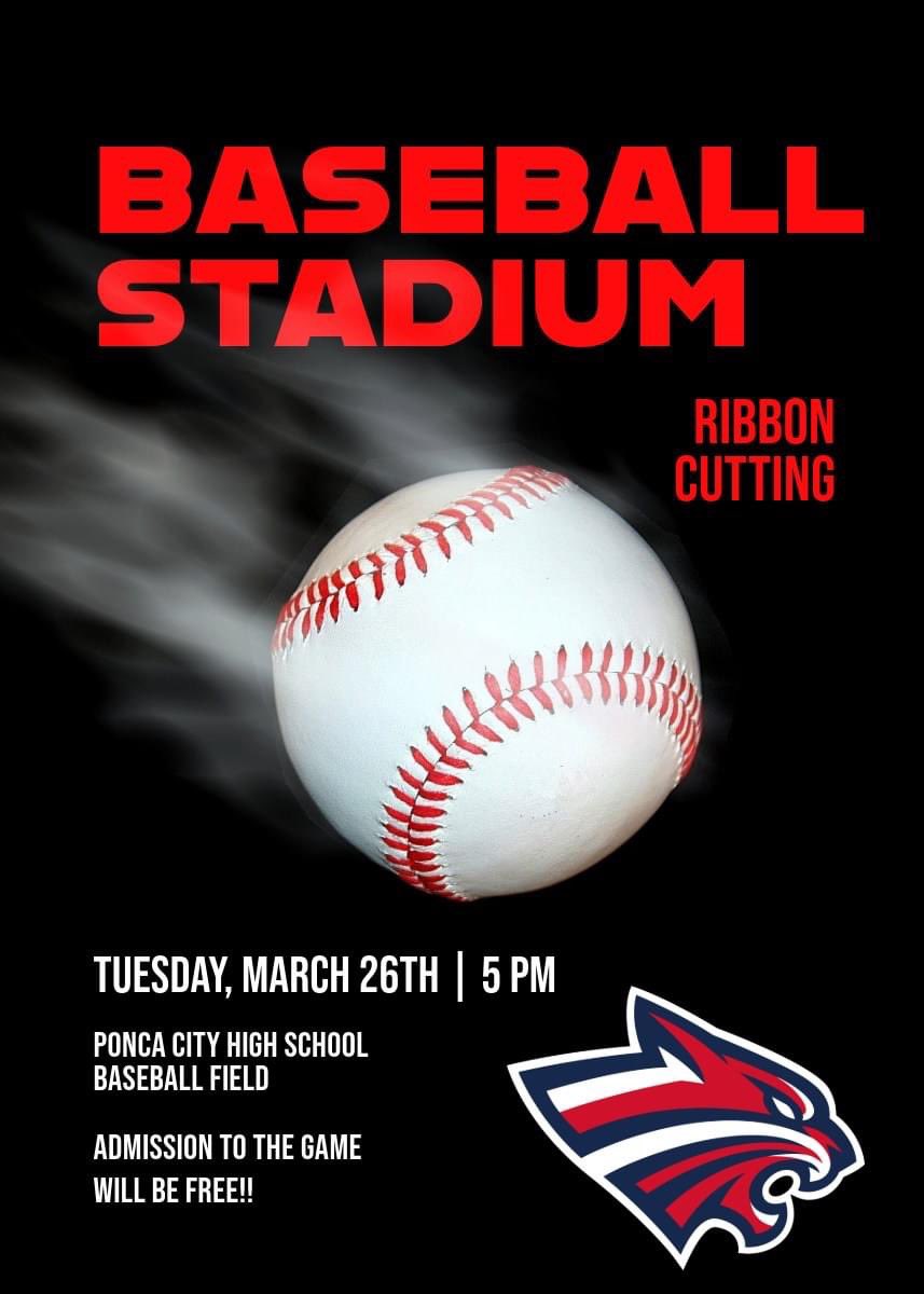 PoncaCityBSBL's tweet photo. A ribbon cutting ceremony will be held on Tuesday, March 26 at 5 p.m. for the renovated Po-Hi baseball complex. Admission will be free to the baseball game! #PCBaseball https://t.co/73mwZHcjIt