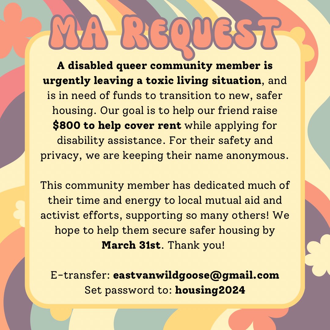 Mutual aid request: an organizer at @masks4eastvan is needing urgent support to leave their current living situation. 

#Masks4All #DisabilitySolidarity 
#AccessIsLove
#MutualAid 
#DisabledMutualAid 
#CovidIsNotOver