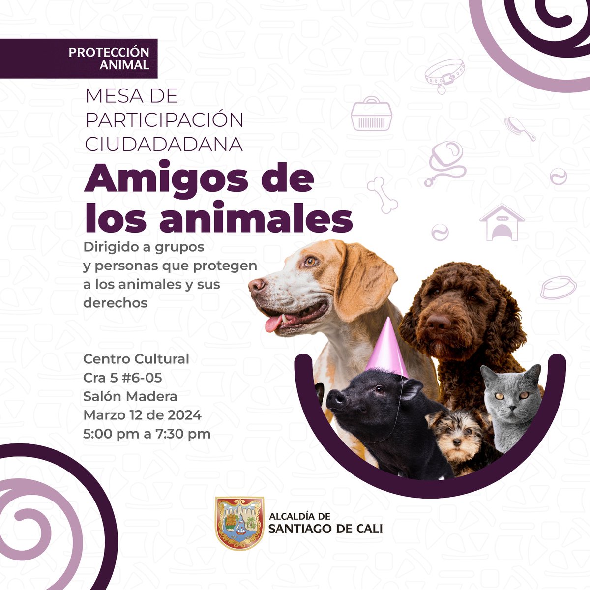 🐾 ¡Atención amigos de los animales en Cali! 🐾 ¿Te preocupa el bienestar animal en nuestra ciudad? Ven el 12 de marzo en el Centro Cultural, Cra. 5 #6-05, Salón Madera, a las 5:30 pm No olvides inscribirte en este formulario: bit.ly/3Tj7r6i