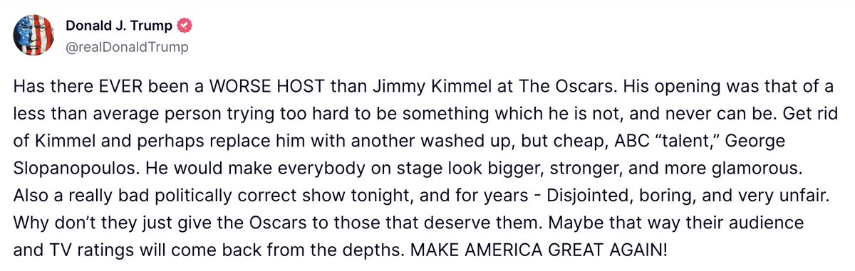 Jimmy Kimmel read an actual review of his Oscar hosting performance from former president Donald Trump