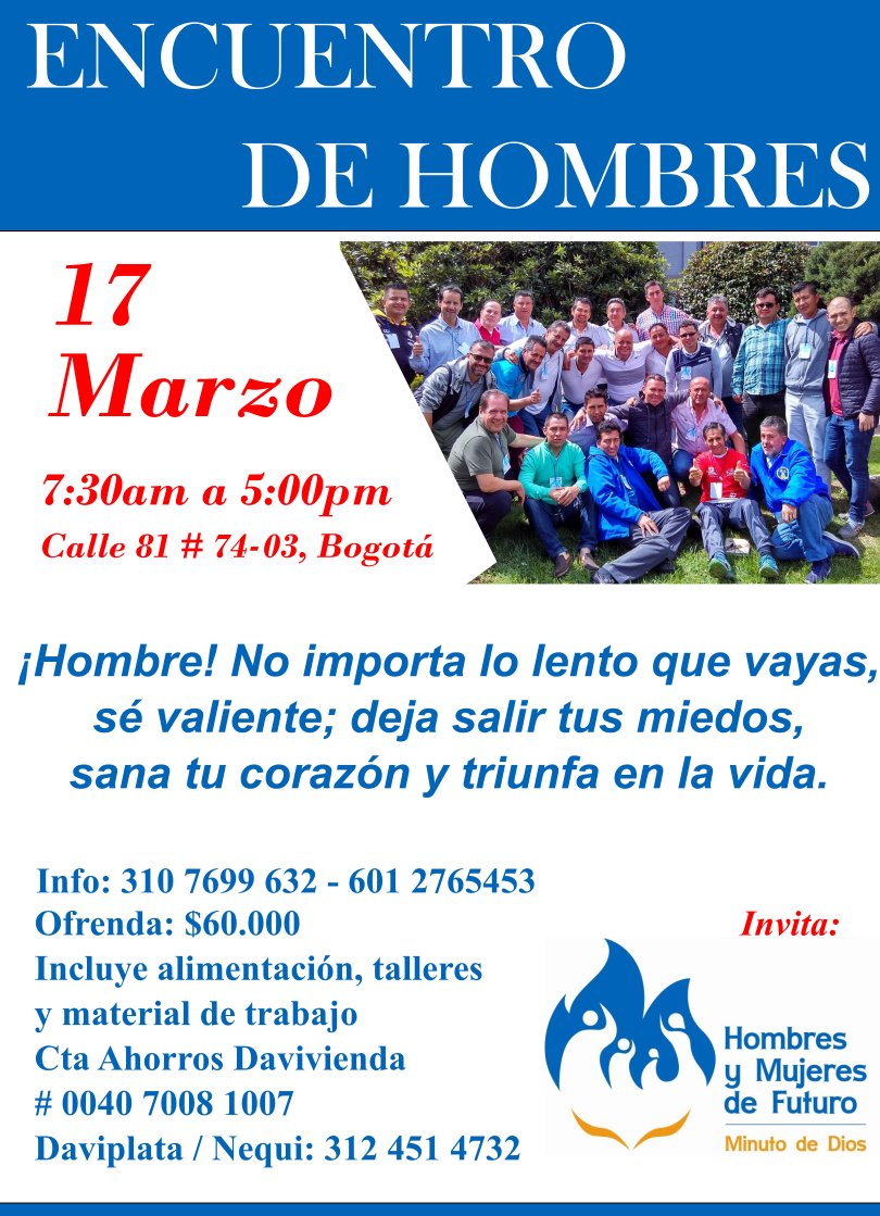 gsalgar's tweet photo. *FALTA 8 DÍAS👉🏻👉🏻Encuentro de Hombres 👉🏻 Ven Sana tu corazón ❤️y encuéntra el camino para triunfar en la vida.💪🏻 Invita a otros hombres que quizás conozcas y que están cansados, tristes, agobiados, con problemas. Es el momento de avanzar. No te pierdas éste retiro. Te esperamos. https://t.co/4e7eHfFten