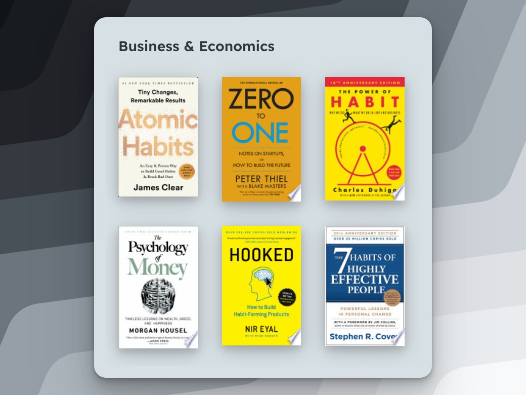 HondanaApp's tweet photo. The most-read business books on Hondana👇

1. Atomic Habits
2. Zero to One
3. The Power of Habit
4. The Psychology of Money
5. Hooked
6. The 7 Habits of Highly Effective People https://t.co/14MCQLjwaM