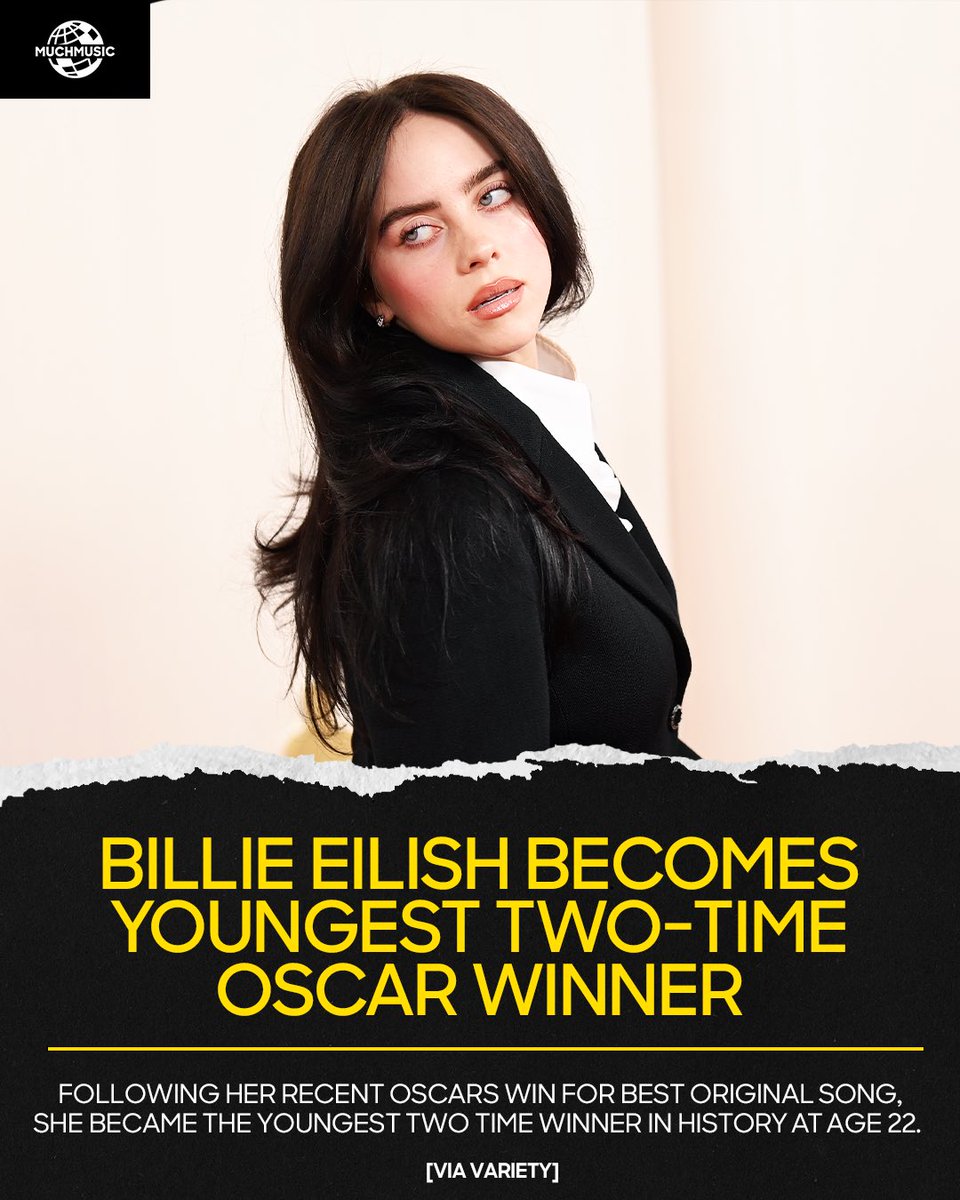 Just casually making history no big deal. #BillieEilish becomes the youngest two time #Oscar winner at 22, following her win for Best Original Song for ‘What Was I Made For?’