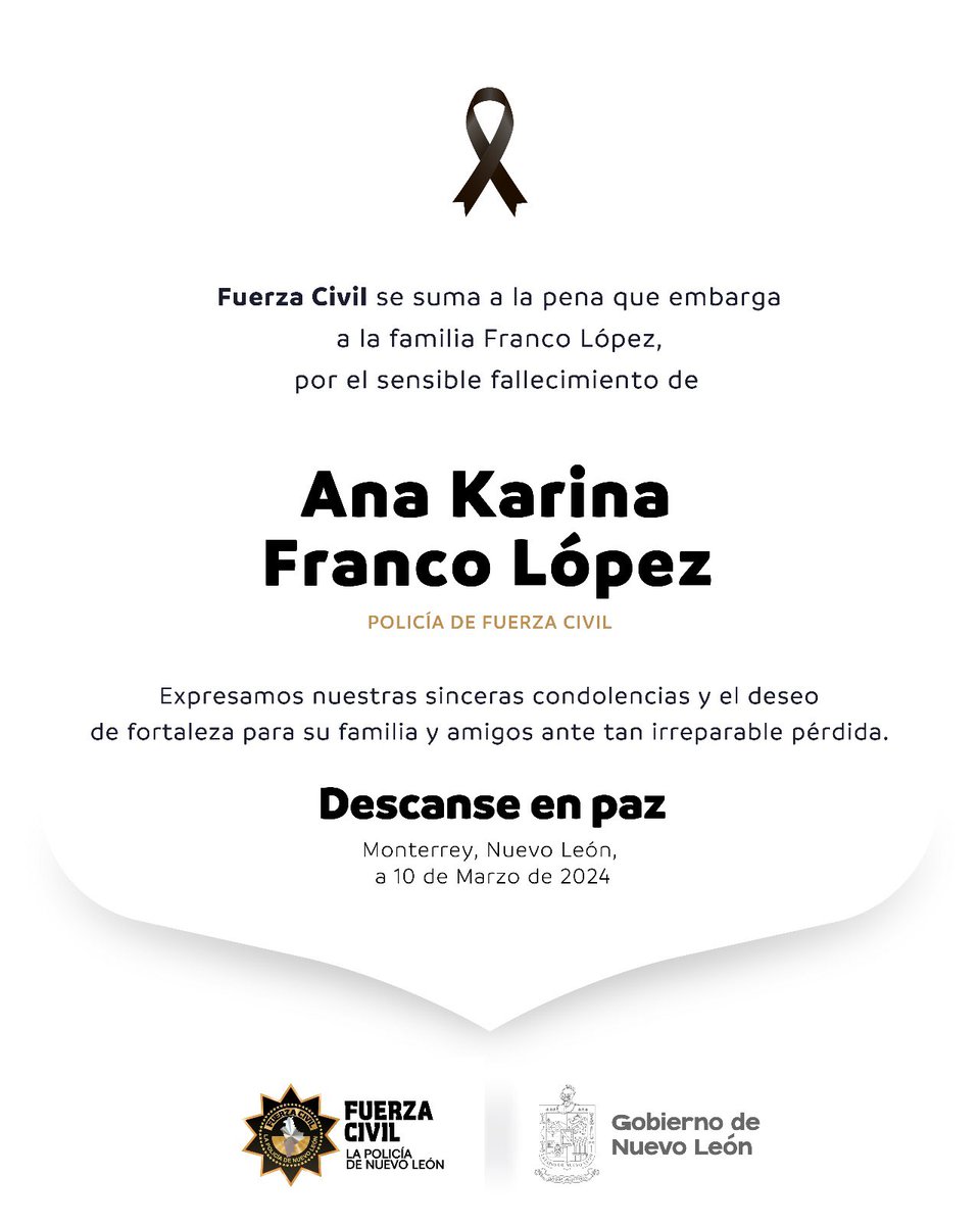Quienes formamos parte de la Secretaría de Seguridad, lamentamos el fallecimiento de nuestra compañera Ana Karina. 

Fuerza Civil ha presentado al sospechoso de su muerte ante la Fiscalía y colabora con el ministerio público para que se haga justicia