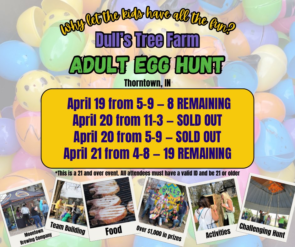 🎉🎉Tickets are still available for Friday and Sunday.
➡️Tickets: simpletix.com/e/2024-adult-e…
✅Team sizes are a minimum of 4 and a maximum of 6 people.
#adult #dullsadultegghunt #adultegghunt #localfarm #dullstreefarm #familyfarm #visitindiana #indy #visitindy #discoverboonecounty