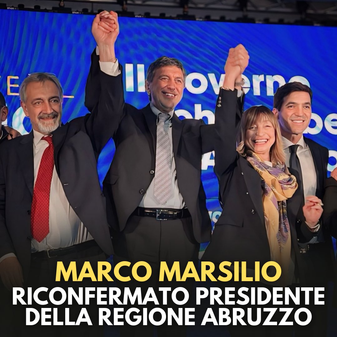 Congratulazioni all’amico e collega <a href="/marcomarsilio/">Marco Marsilio</a> riconfermato alla guida della Regione #Abruzzo 

Un grande risultato, frutto di un ottimo lavoro che sono sicura Marco e la sua giunta di centrodestra sapranno portare avanti anche nei prossimi 5 anni!