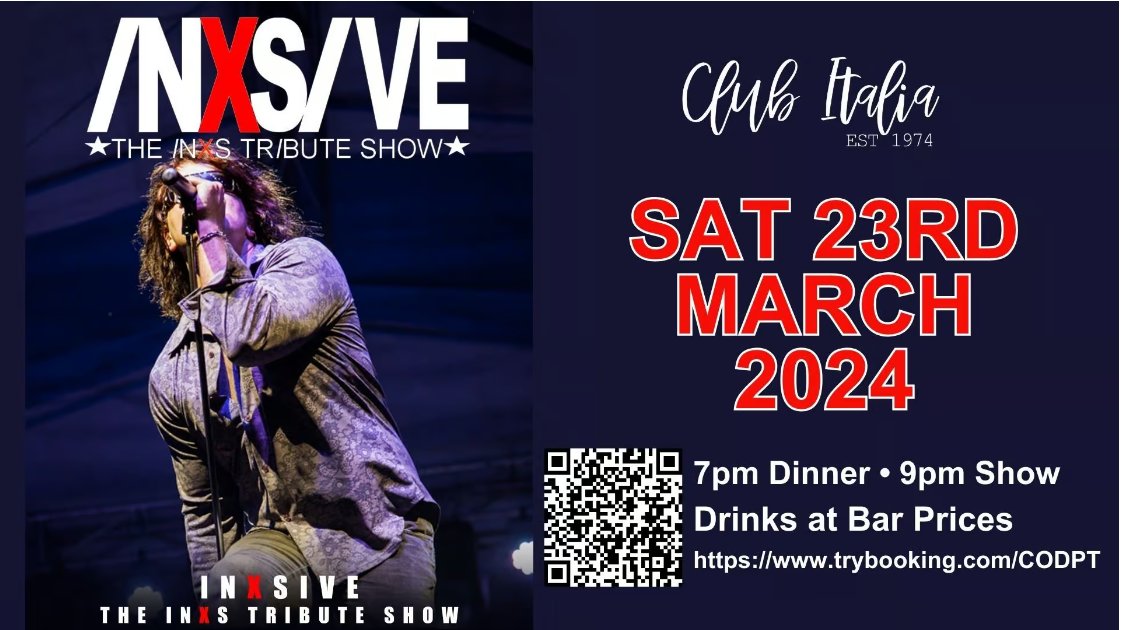 AustnEntertain's tweet photo. Coming up at Club Italia:

INXSive - The INXS Tribute Show - Saturday 23rd March 🎟️ https://t.co/LPgkEeyV5x

#australianentertainmentservices #livemusic #venueentertainment #clubitaliasportingclub #sunshine #inxsive #entertainment https://t.co/8sZIYW7JAZ