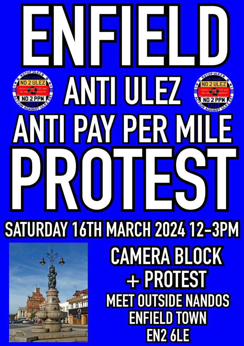AntiExtension's tweet photo. Two local anti ULEZ Protests this coming weekend:
Enfield. Saturday 16th March, 12-3pm.
Rosehill. Sunday 17th March, 12-3pm.
#No2ULEZ #No2PPM
#GetKhanOut https://t.co/gam36bQjjp