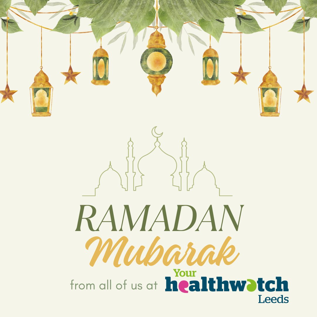 Happy Ramadan from all of us at Healthwatch Leeds. Remember to take care of your health during your fasts and reach out if you need any health-related advice or support. We're here for you. Ramadan Mubarak! 🌙🕌 #Ramadan #HealthwatchLeeds #HealthAndWellbeing #Ramadan2022