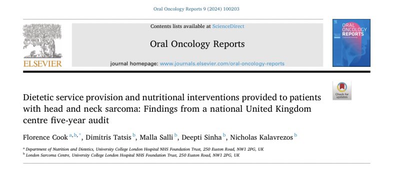 Our audit of nutritional needs in head neck sarcoma @uclh: 🏥Fifth present malnourished 🗓️Average 8months dietetic input; longer for high grade disease 📞>80% had virtual consults, important consideration for reaching patients in centralised services ➡️ sciencedirect.com/science/articl…