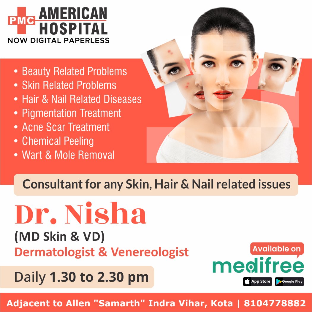 AmericanPmc's tweet photo. Dr Nisha 
Dermatologist 
Best Skin Doctor in Kota
PMC American Hospital
Multispecialty Hospital, 
Best hospital in Kota
Physician Available 24x7 https://t.co/MVKo65ODFw