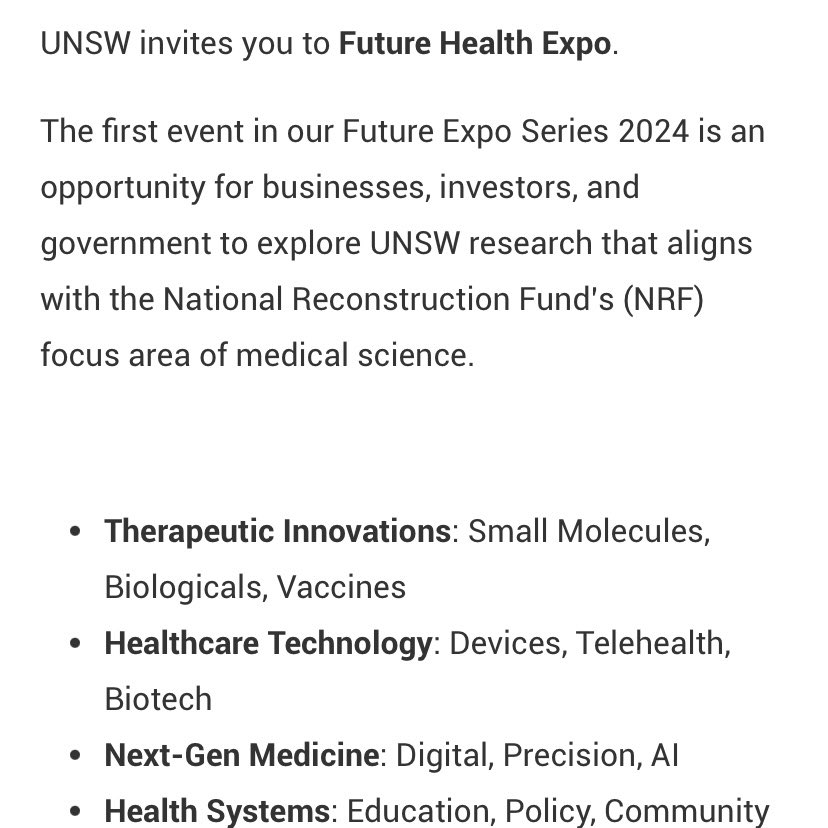 @UNSW invites you to Future Health Expo on 14th March! Learn more about the research at @UNSW that aligns with the National Reconstruction Fund’s focus area of medical science. Register to secure your FREE place: innovationcommunity.unsw.edu.au/futures-expo-s… @NSWHealth @RACGP @GCAustralasia