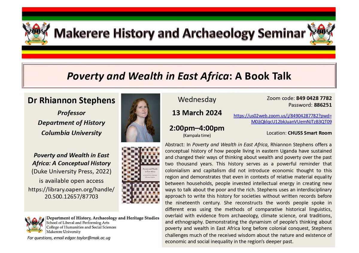 The @Makerere History Seminar will meet on Wednesday at 2:00pm. Prof Rhiannon Stephens from @Columbia will present about her book 'Poverty and Wealth in East Africa: A Conceptual History' library.oapen.org/handle/20.500.… @MakerereCHUSS @MakerereNews