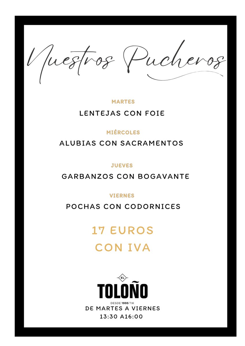 bareltoloño (@bareltolono) on Twitter photo Esta semana....¡Nuevos pucheros!!
#bartoloño #pucheros #comidacasera #foodporn #food #lentejas #alubias #garbanzos Esta semana....¡Nuevos pucheros!!
#bartoloño #pucheros #comidacasera #foodporn #food #lentejas #alubias #garbanzos
