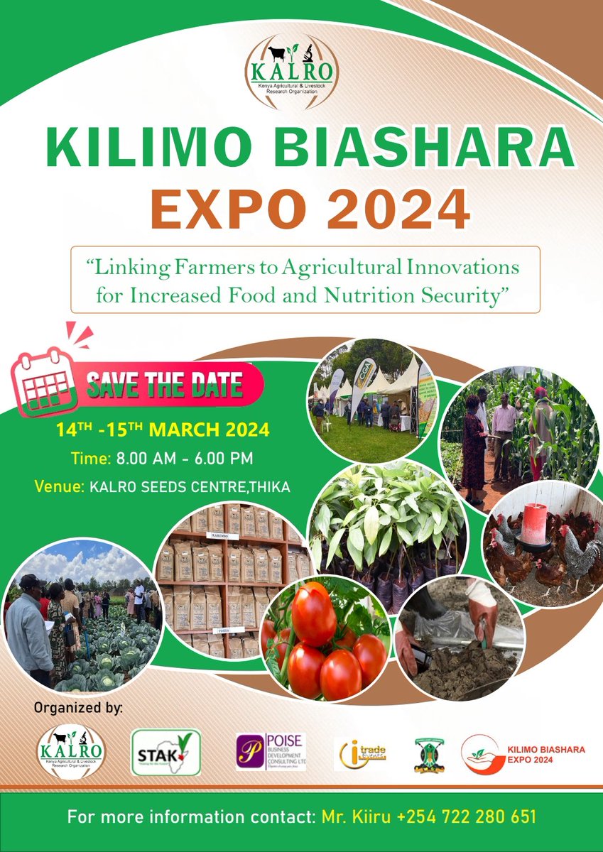 KALRO Seeds Thika is welcoming farmers and all stakeholders to the Kilimo Biashara Expo on the 14th and 15th March at KALRO Seeds Grounds next to Thika Greens along Kandara Road. Join us to learn our climate smart technologies accompanied with free agro-advisory services.