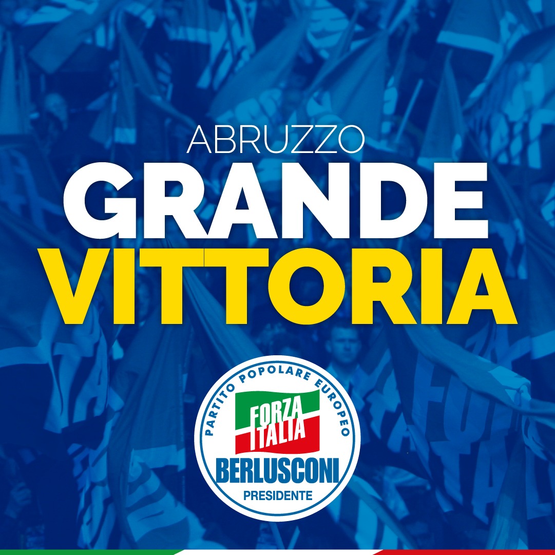 forza_italia's tweet photo. #Abruzzo Una grande vittoria! I cittadini premiano l'affidabilità, la serietà e il Buongoverno del cdx e di #ForzaItalia, che ottiene il 13,4% del consenso. Congratulazioni ai dirigenti azzurri e a tutta la nostra squadra di candidati. Buon lavoro al rieletto governatore Marsilio https://t.co/bsdKxbu2QW