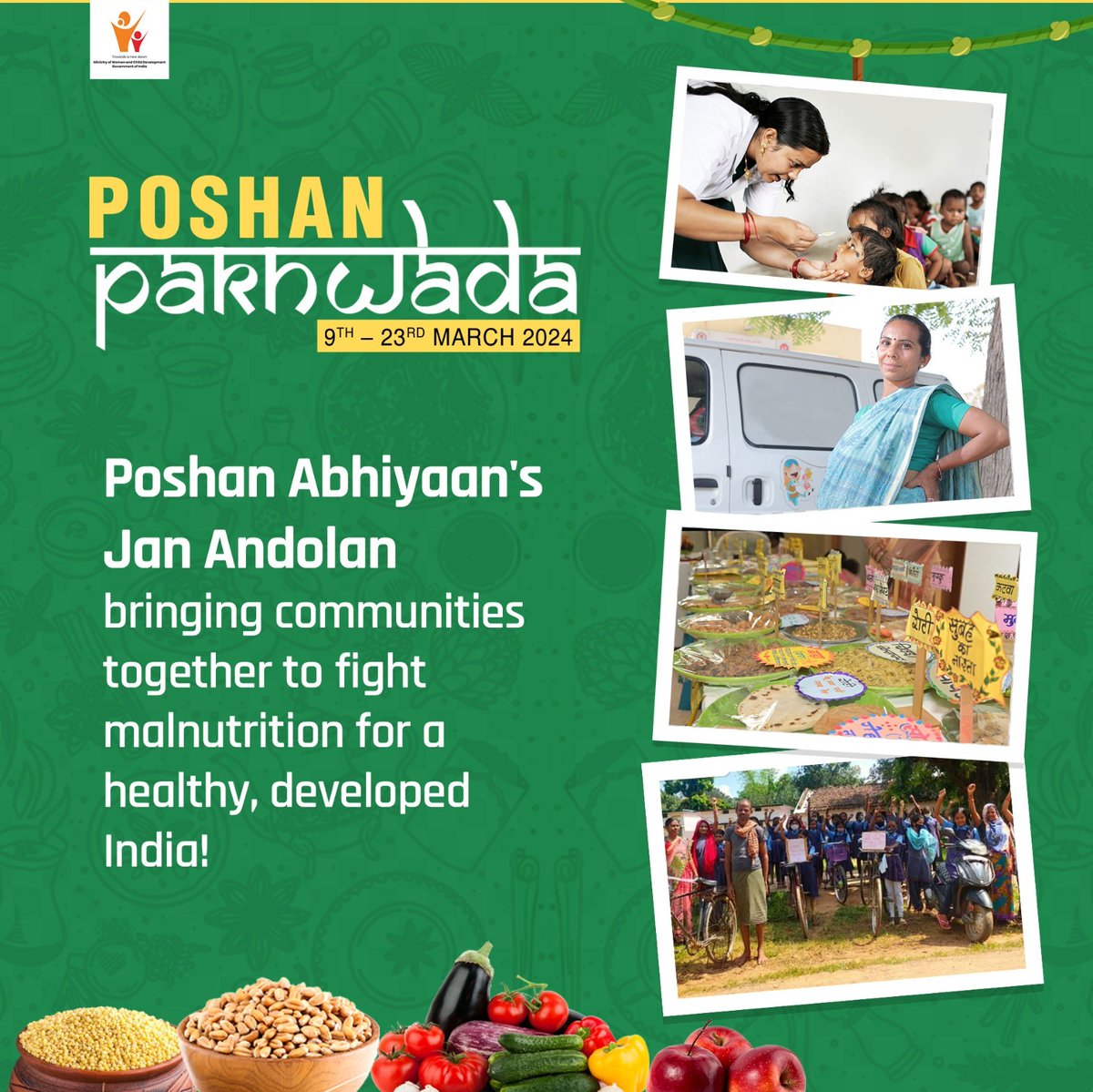 Jan Andolans by amplifying Jan Bhagidari is a key pillar of Poshan Abhiyaan which is celebrated annually in the form of Poshan Pakhwada and Poshan Maah since the launch of POSHAN Abhiyaan in 2018. 
.
.
#पोषणकामहत्व
#poshanpakhwada2024 #पोषणपखवाड़ा #NutritionForAll
@pibwcd