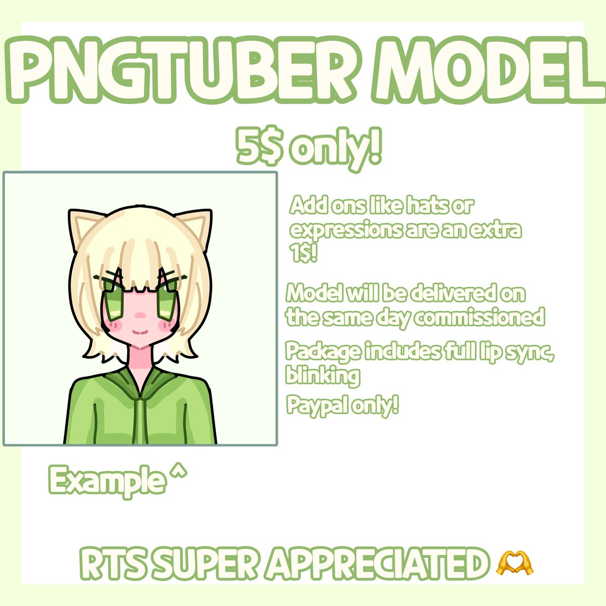 Miki_hehehe's tweet photo. PNGTUBER MODEL COMMISSIONS!!

5$ for one! (includes blinking,lip sync,)
Add ons like accessories,expressions is 1$
TERMS:
Paypal only
Model will be delivered in the same day commissioned.
Client must pay first or half.

#pngtuber #commissions #artcommissions #art #arttwt #artist https://t.co/txvybox3Hm