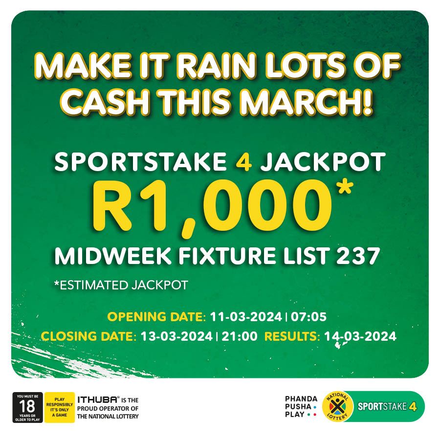 Take your best SHOT & play #SPORTSTAKE4 for an estimated R1,000 jackpot on nationallottery.co.za. Fixture List 237 closes on Wednesday
@21:00. Play NOW & you could #BeInjaYeGame. #MakeItRainLotsOfCashThisMarch!