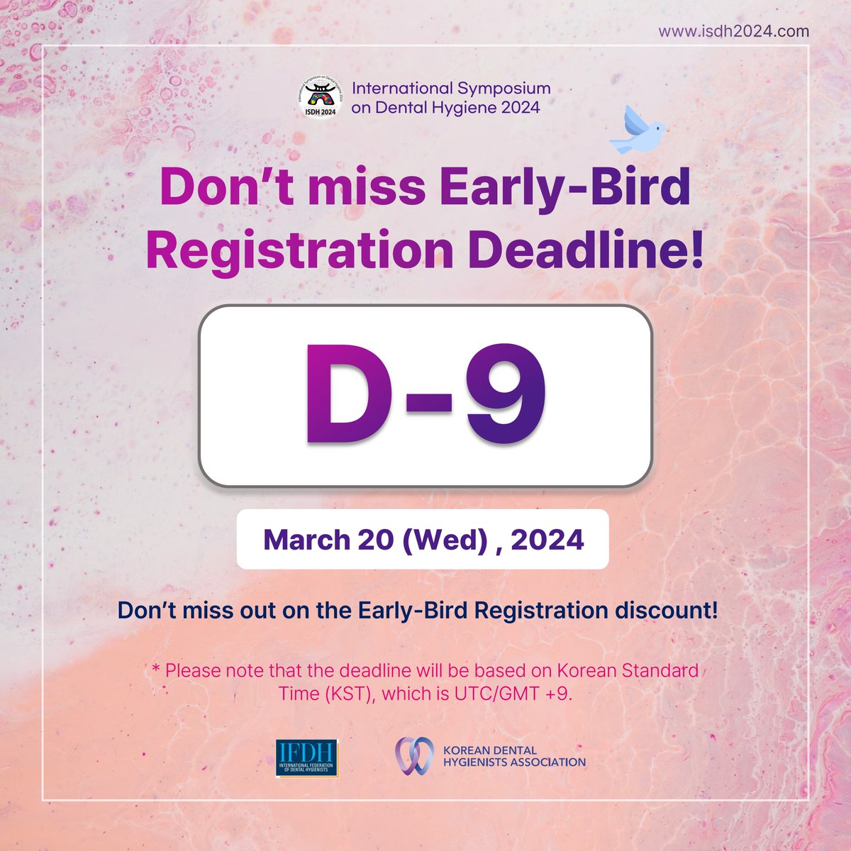 ISDH_2024's tweet photo. ISDH 2024 Early-Bird Registration Deadline D-9🦷 💜

📍 March 20 (Wed), 2024

Early-bird registration is currently available on the ISDH 2024 website. We kindly ask for your participation and interest.

For more detailed information about ISDH 2024, please check our website. 🤩 https://t.co/JuYvJSXTSo