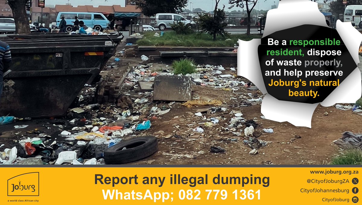 CityofJoburgZA's tweet photo. β»οΈ Every piece of trash counts! Illegal dumping contributes to the degradation of our ecosystems. Be a responsible resident, dispose of waste properly, and help preserve Joburg's natural beauty. #KleenaJoburg #JoburgByLaws #KeepJoburgKleen #ReduceReuseRecycle #Notolitter https://t.co/BhHAFA2uKa