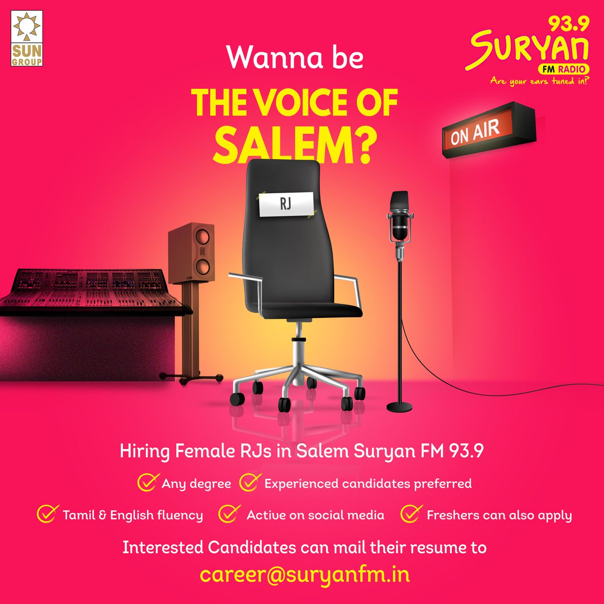 SuryanFM's tweet photo. Hiring Female RJs in Salem Suryan FM 93.9
Mail : career@suryanfm.in
.
.
.
.
#SuryanFM #salemsuryanfm #RJHUNT #salem #rj #radiojockey https://t.co/PMeHQC4A5x