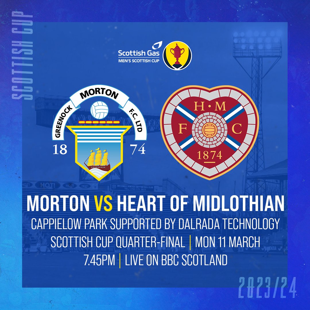 🔵⚪️ MATCHDAY 🆚 Hearts 🏆 Scottish Cup Quarter-Final 🏟️ Cappielow Park supported by Dalrada Technology ⏰ 7.45PM 🎫 Tickets: bit.ly/3UP7J7g 📰 Match Preview: bit.ly/3IwgBqN 📺 Live on BBC Scotland