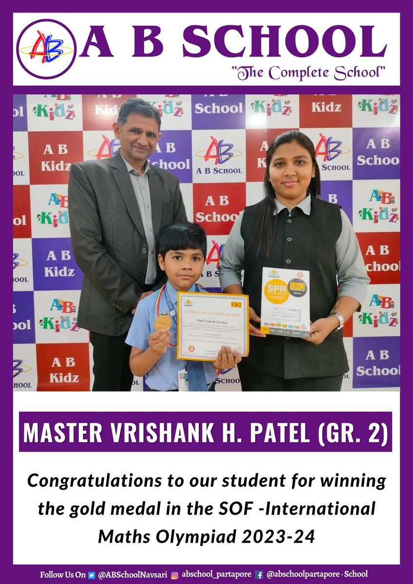 ABSchoolNavsari's tweet image. #SOFOlympiad #MathsChampions #GSEBWinner #NationalMathsExcellence #GSEBMathsStar #OlympiadSuccess #SOFWinner