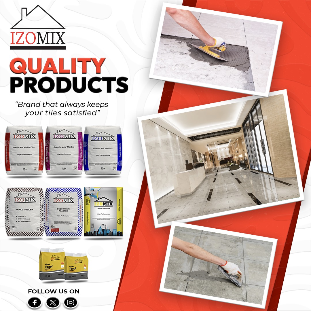 Izomix1's tweet photo. Izomix, a brand that always keeps your tiles satisfied.
#quality #qualityproducts #interior #interiordesign #exteriordesign #architecture #architectural #adhesives #filler #manufacturing #hardwarestore #construction #constructionwork #kenya #Nairobi #tiles #wallmaster #grout https://t.co/AggzonPj7H