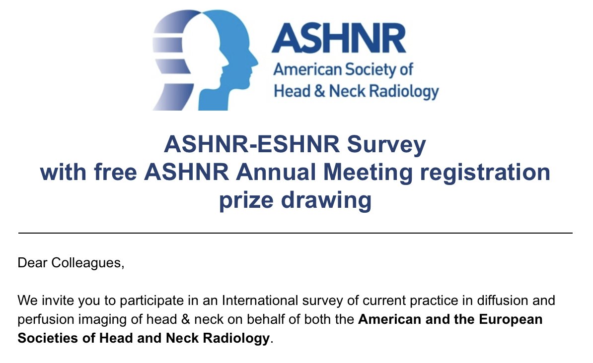 Don't forget to check your emails and fill out the survey on diffusion and perfusion imaging!! All participants will be entered into a drawing to receive free registration to the #ASHNR24 meeting in beautiful San Diego, CA 9/4-8, 2024!