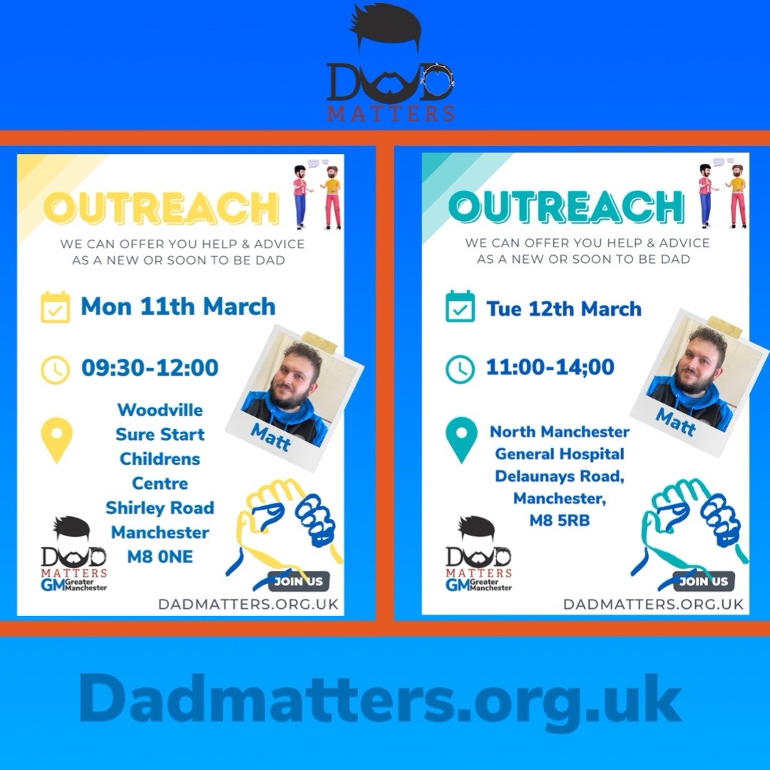 DadmattersGM's tweet image. Here’s where we are for outreach this week. 
If your a dad attending the hospital please have a chat with us. We can offer guidance and any help you may feel you need becoming or being a new dad. #dadmattersuk #dadmattersgm #dadsmentalhealth