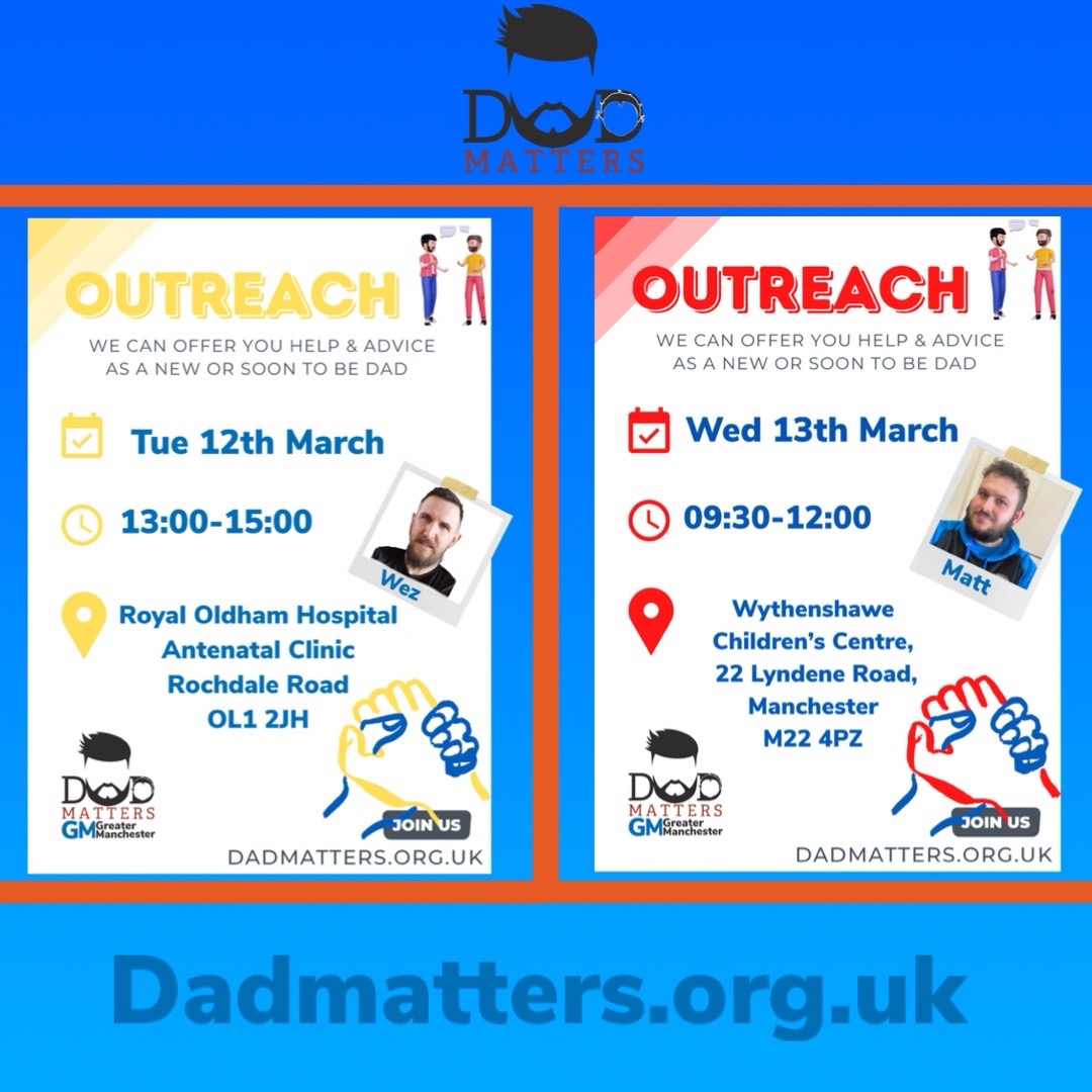 DadmattersGM's tweet image. Here’s where we are for outreach this week. 
If your a dad attending the hospital please have a chat with us. We can offer guidance and any help you may feel you need becoming or being a new dad. #dadmattersuk #dadmattersgm #dadsmentalhealth