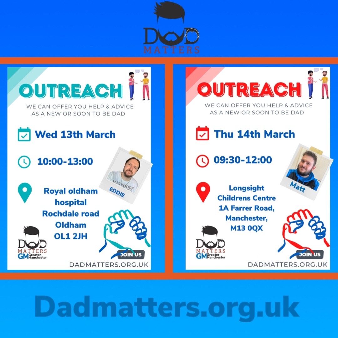 DadmattersGM's tweet image. Here’s where we are for outreach this week. 
If your a dad attending the hospital please have a chat with us. We can offer guidance and any help you may feel you need becoming or being a new dad. #dadmattersuk #dadmattersgm #dadsmentalhealth