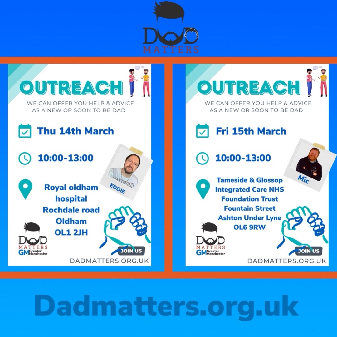DadmattersGM's tweet image. Here’s where we are for outreach this week. 
If your a dad attending the hospital please have a chat with us. We can offer guidance and any help you may feel you need becoming or being a new dad. #dadmattersuk #dadmattersgm #dadsmentalhealth