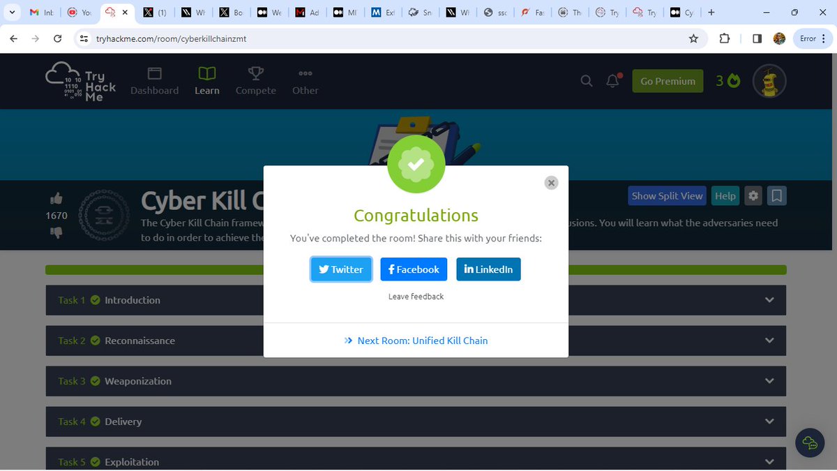 Cyber Kill Chain  - I have just completed this room! Check it out:  tryhackme.com/room/cyberkill… #tryhackme #security #blueteam #cyberkillchain #cyberkillchainzmt via <a href="/tryhackme/"></a> 

A positive way to start the week! 🥂