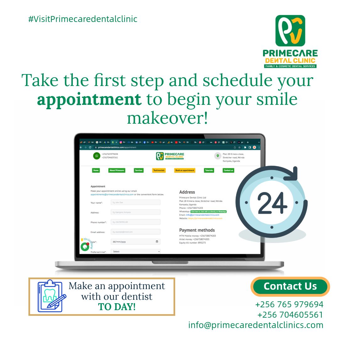 PRIMECARE_UG's tweet photo. Feel free to visit our website to easily book your appointments or simply give us a call. We are here to assist you with all your needs.
link: https://t.co/5cQ4KPdV15 
Call: +256 765 979694 / +256 704605561 #DentalClinic #appointements #calls https://t.co/hK7YKKrU77