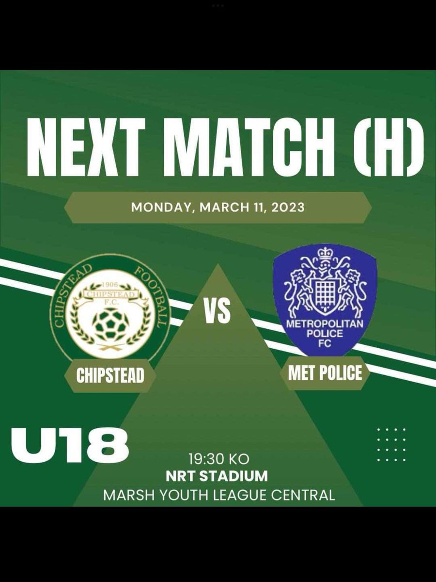 Chipstead FC (Surrey) (@chipsteadfcsurr) on Twitter photo <a href="/ChipsteadFCU18/">Chipstead FC u18 Isthmian League</a> <a href="/Teknika_Pro/">Teknika Pro</a> <a href="/RiddlesdownPE/">RiddlesdownPE</a> are due to host <a href="/MPFCAcademy/">Met Police FC Academy</a> Isthmian U18s in the <a href="/MarshGlobal/">Marsh</a> Youth League Central Division tonight, Monday 11th March, KO 7.30pm - admission ยฃ5 for adults, ยฃ3 for concessions, under-16s free - please come along & cheer on the lads <a href="/ChipsteadFCU18/">Chipstead FC u18 Isthmian League</a> <a href="/Teknika_Pro/">Teknika Pro</a> <a href="/RiddlesdownPE/">RiddlesdownPE</a> are due to host <a href="/MPFCAcademy/">Met Police FC Academy</a> Isthmian U18s in the <a href="/MarshGlobal/">Marsh</a> Youth League Central Division tonight, Monday 11th March, KO 7.30pm - admission ยฃ5 for adults, ยฃ3 for concessions, under-16s free - please come along & cheer on the lads