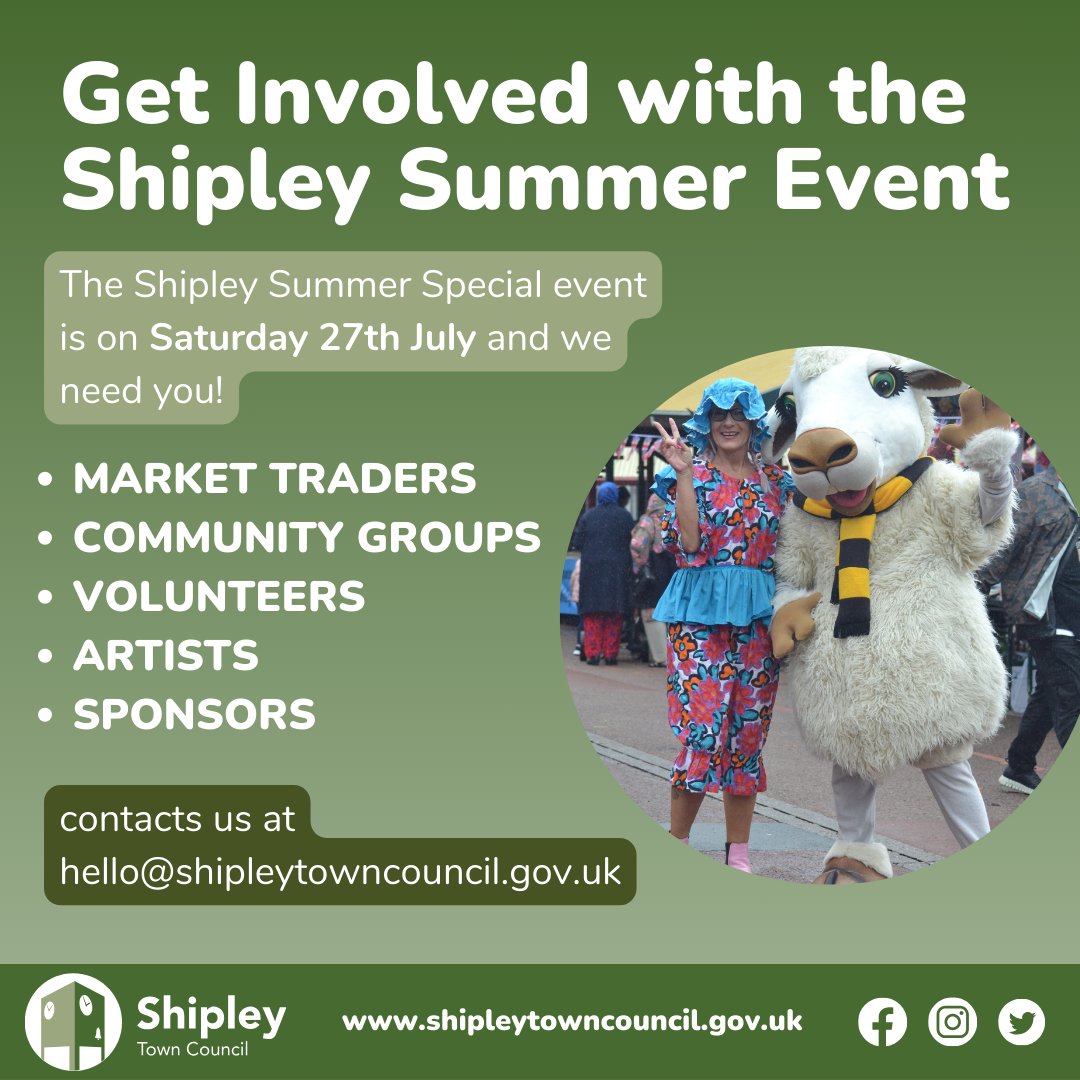 ShipleyTC's tweet photo. The Shipley Summer Special event is always a great opportunity for the community to come together & have a fun packed, free day of entertainment. We need your help to make it an event to remember. Please do get in touch - hello@shipleytowncouncil.gov.uk
#Shipley #ShipleyEvents https://t.co/udZTrPdqL4