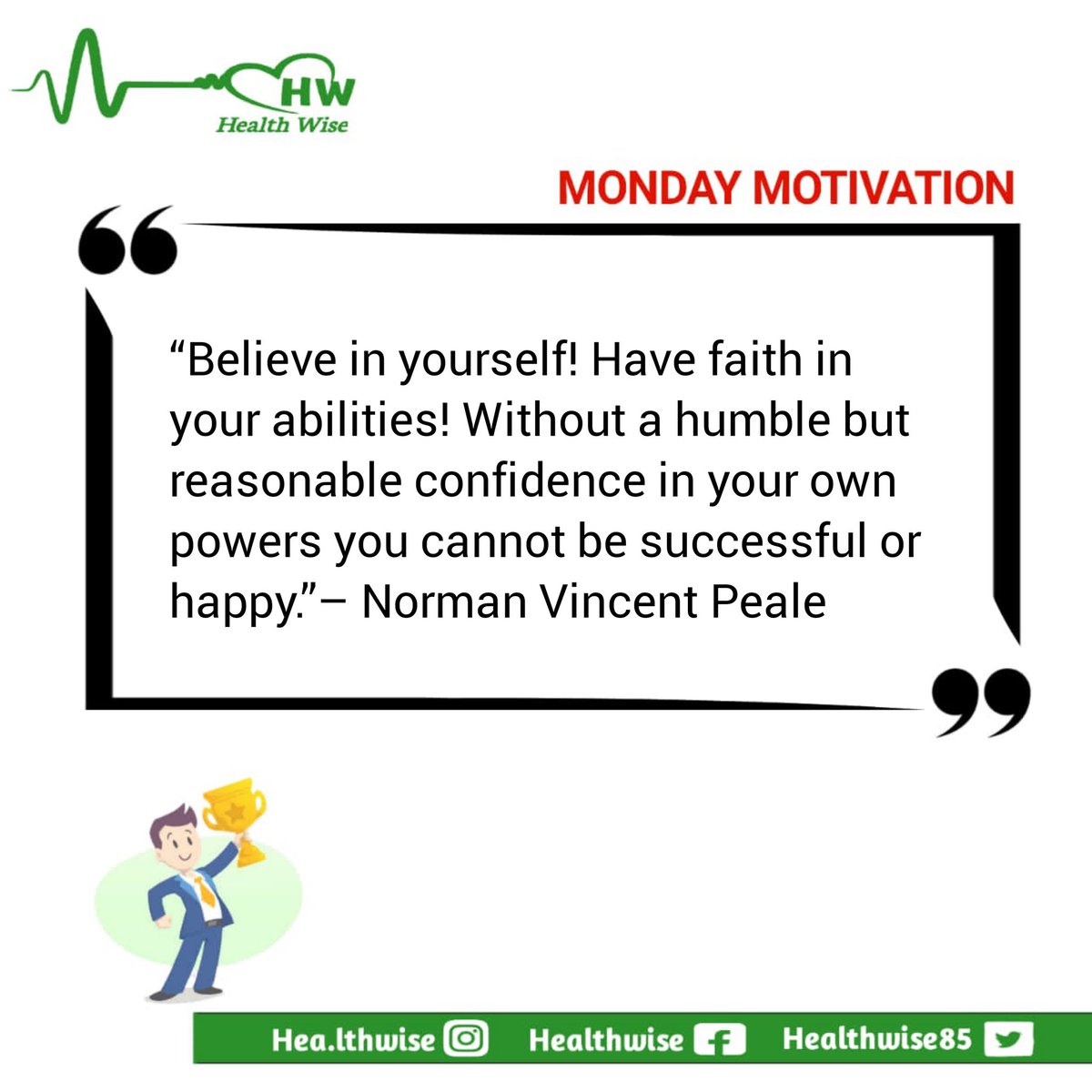 Healthwise83's tweet photo. This quote by Norman Vincent Peale encourages self-belief and confidence in one's abilities as essential ingredients for success and happiness. 
Happy New Week.
#MondayMotivation
#healthiswealth
#Oscars https://t.co/G4sI3QLolx