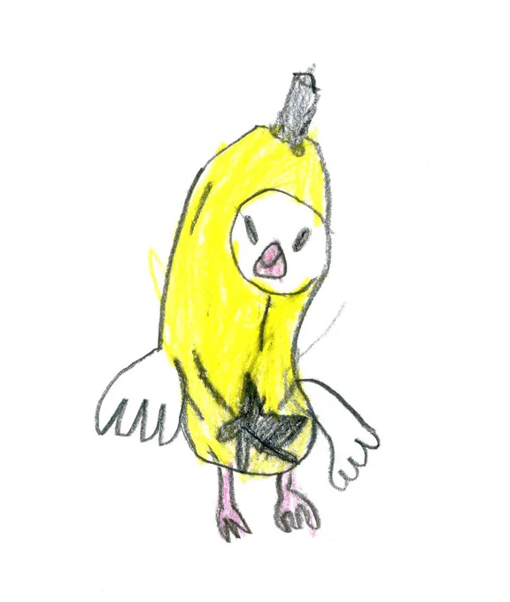 7歳児作、猫ミームとバナナ文鳥です。 