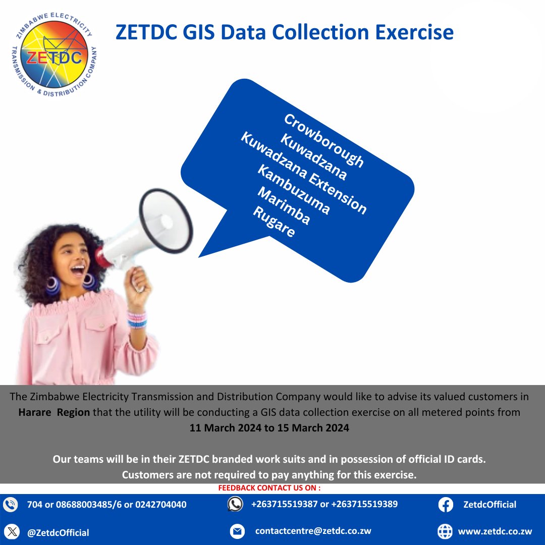 Harare1Zoom's tweet photo. Clients in the following areas kindly take note #GISDataCollectionExercise
@ZESAHOLDINGS_
@zeraenergy https://t.co/Jr9H7MQAf7