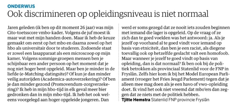 Ingezonden brief in #nrc m.b.t. discriminatie naar aanleiding van iemands opleidingsniveau. 
#onderwijs