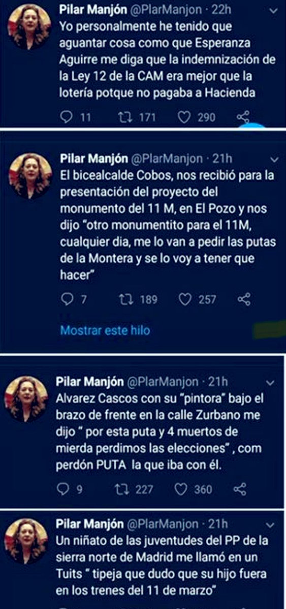 crispmarcote's tweet photo. Esperanza Aguirre, a Pilar Manjón: "La indemnización de la Ley 12 de la CAM era mejor que la lotería porque no pagaba a Hacienda". 

Álvarez Cascos: “Por esa puta y cuatro muertos de mierda perdimos las elecciones”

Otro monumentito para el 11-M… 

Esto es el PP 

#11M https://t.co/c9fK09c1VQ