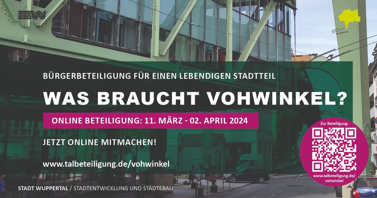stadt_wuppertal's tweet photo. Mit eurer Hilfe soll #Wuppertal-#Vohwinkel zum Modell für zukunftsgemäße Stadtgestaltung und zum eindrucksvollen Eingangstor der #BUGA2031 werden! Ab heute könnt ihr euch an der Online-Umfrage zur Neugestaltung des Vohwinkeler Zentrums beteiligen: ➡️ https://t.co/7MEBpStl3a https://t.co/VNDd3d5Weu