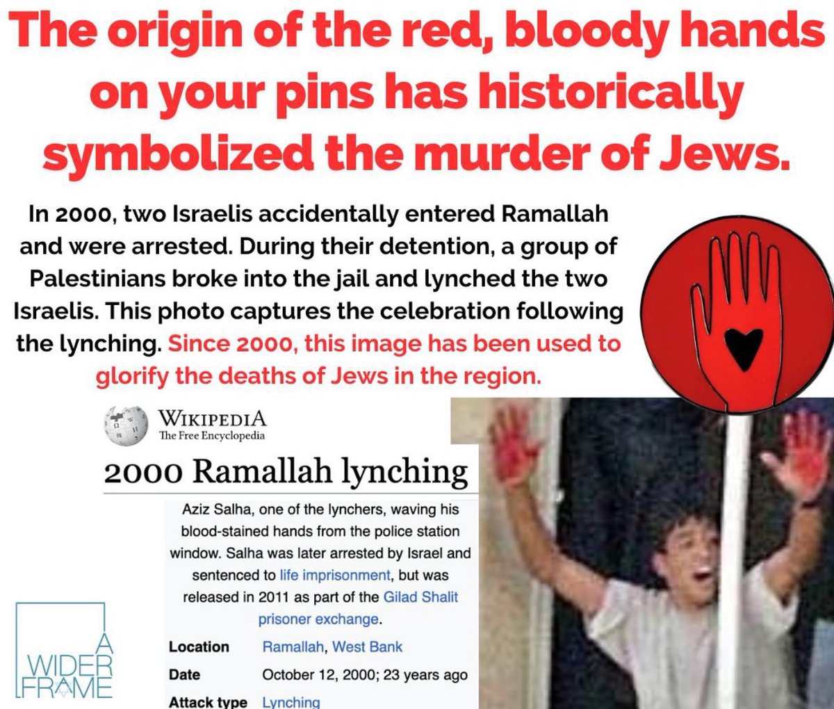 Irishchutzpah's tweet photo. #Oscar2024 #Oscar A Red HandPin was worn by some last night. Here’s what it stands for. 

In 2000 two Israeli soldiers went the wrong way and ended up in Ramallah where they were captured and slaughtered. A gleeful raging Palestinian mob disemboweled them and ate their organs.… https://t.co/JDmRCJtUHH