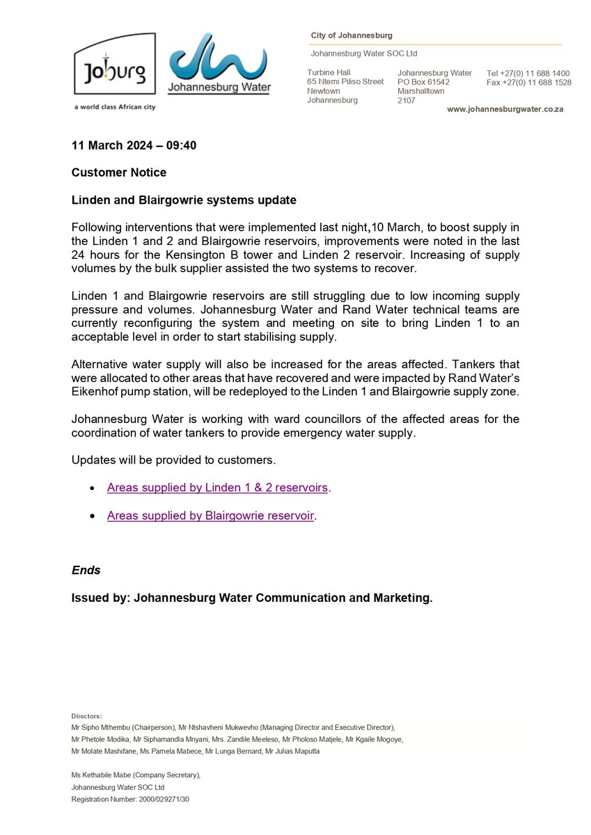 JHBWater's tweet photo. #JoburgUpdates ^P https://t.co/IIgvlBjYvU