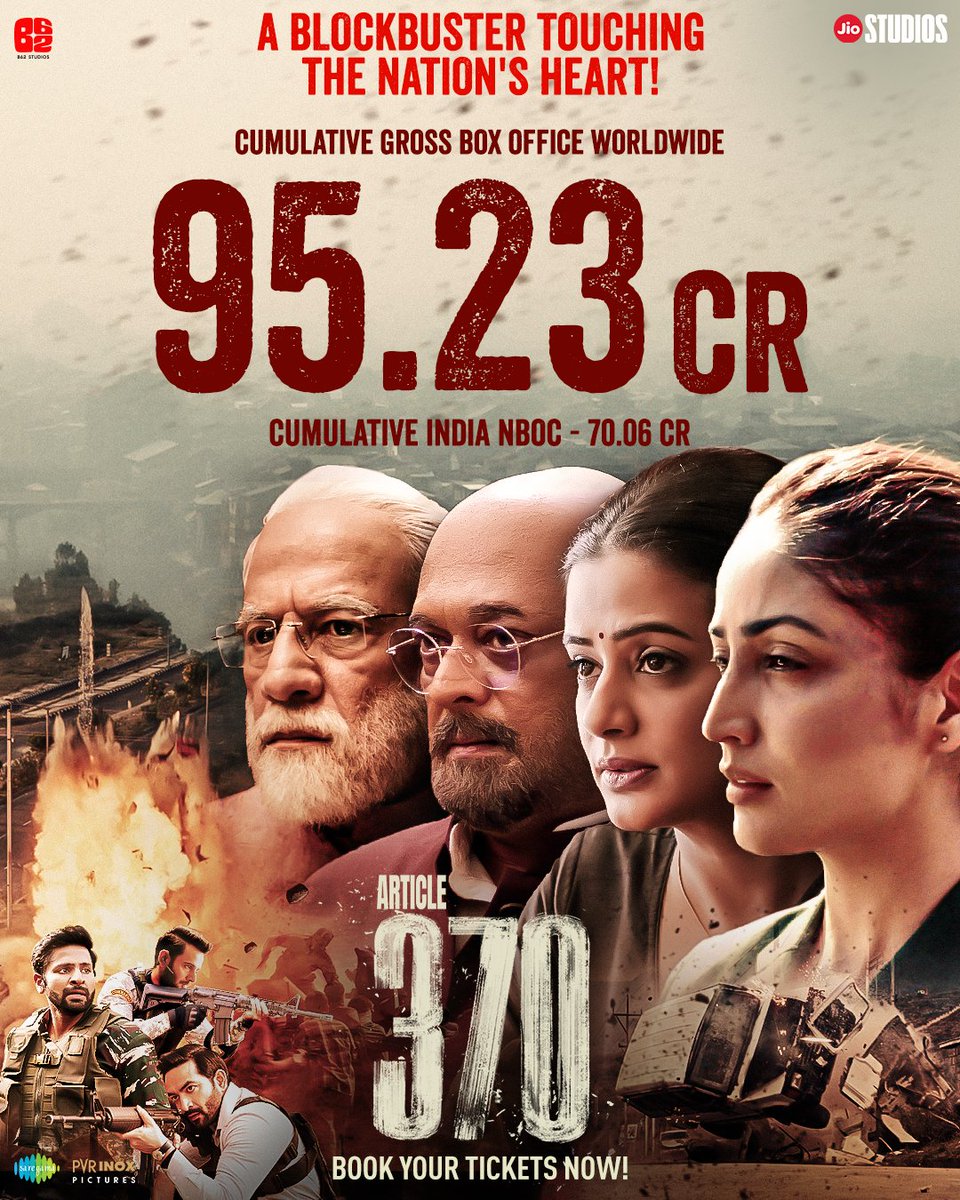 jiostudios's tweet photo. Article 370 continues to garner tremendous success while creating a huge impact on the Box Office and in the Nation's heart ❤️

#Article370 in cinemas. Book your tickets now. 
🔗 - https://t.co/TDgDxpshHK

@yamigautam #PriyaMani @vaibbhavt @arungovil12 #KiranKarmarkar @TheRajArjun @Skand2021 @koulashwini2 #IrawatiMayadev #AshwaniKumar #DivyaSeth @sumitkaul10 @AdityaSJambhale #JyotiDeshpande @AdityaDharFilms @LokeshDharB62 #JioStudios @B62Studios @saregamaglobal @PicturesPVR @monalthaakar @Arjwriter @aarshasauras @PuneetWaddan @shashwatology #ShivkumarPanicker #SiddharthVasani @CastingChhabra #YantraDesign @veerakapur7